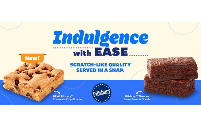 Two square brownies stacked on top of one another with the text, Indulgence with ease. Scratch-like quality served in a snap.