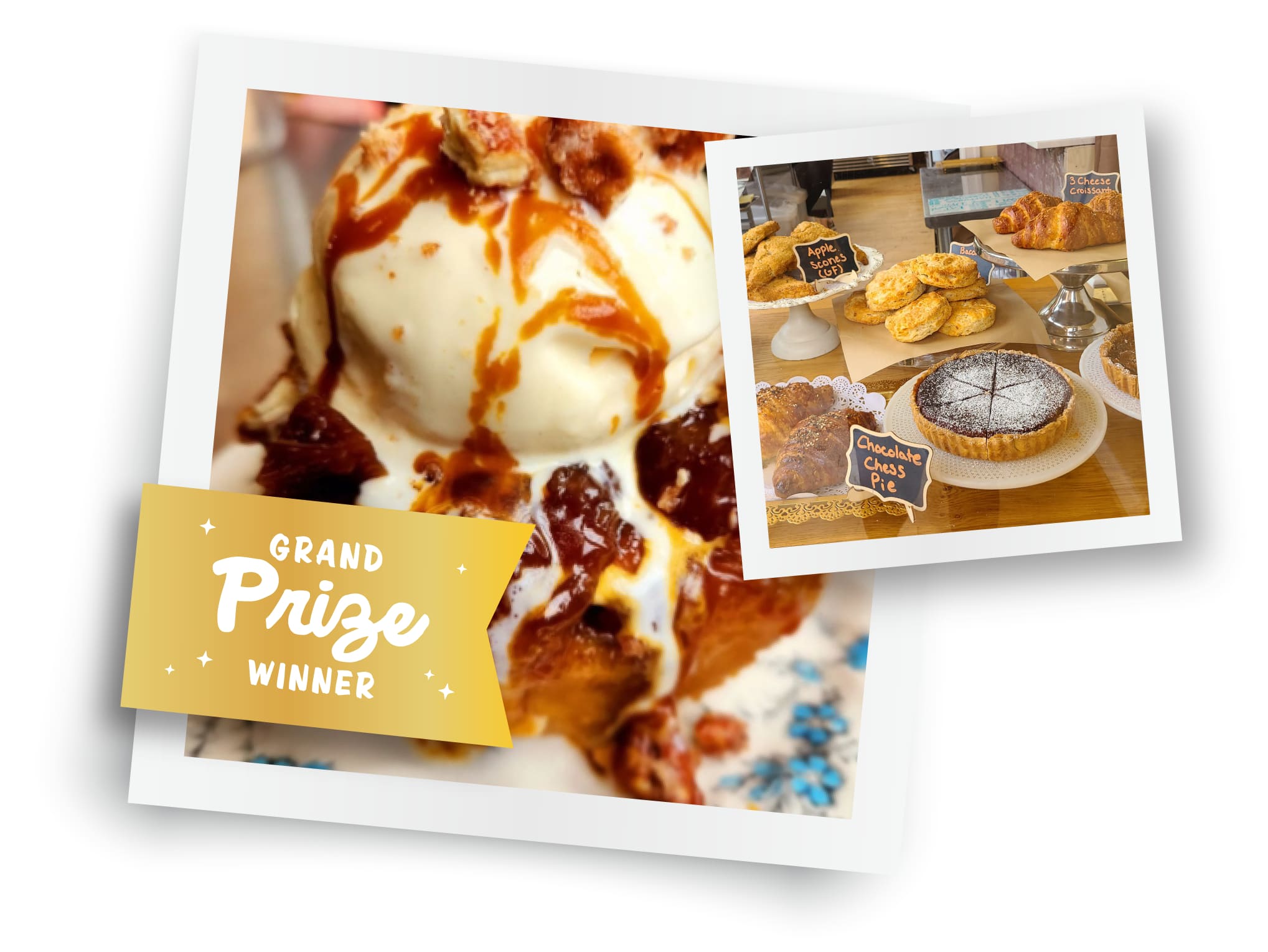 2 polaroid images. Left: Upside down apple praline biscuit recipe image. Grand Prize Winner golden banner. Right: Display case of pastries at Black Magnolia.