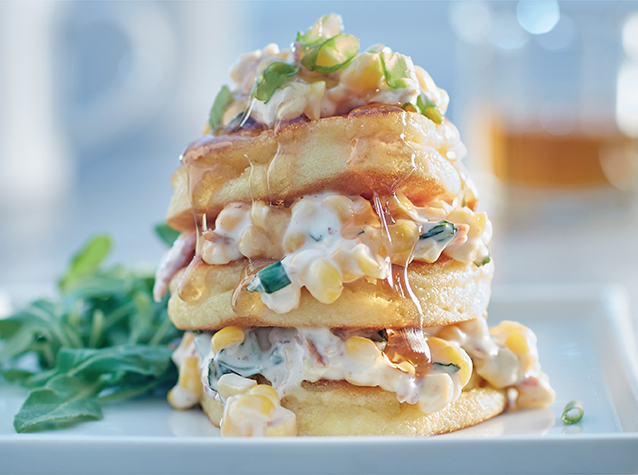Bacon Corn Johnny Cakes with Maple Drizzle